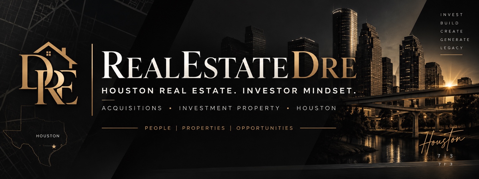 RealEstateDre banner: the DRE monogram, the RealEstateDre wordmark, the tagline Houston Real Estate. Investor Mindset., and the Houston skyline at night.